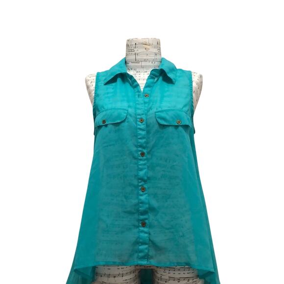 Eyelash Couture Sheer High-Low Teal Collar Tank Top XS - Picture 6 of 6